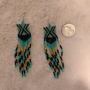 Vibrant beaded turquoise/black/gold earrings